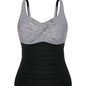 Black & White Striped Twist Front One-Piece Swimsuit